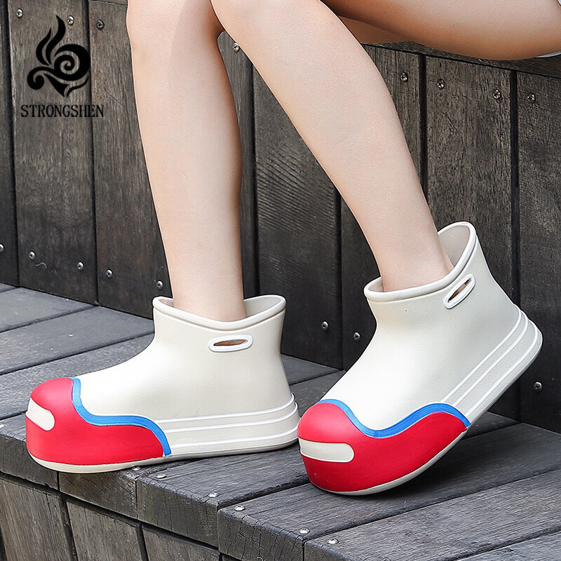 STRONGSHEN Summer Women's Rain Boots Rubber Shoes Waterproof Non Slip Ankle Boots Rain Shoes Female Platform Shoe Ankle Boots