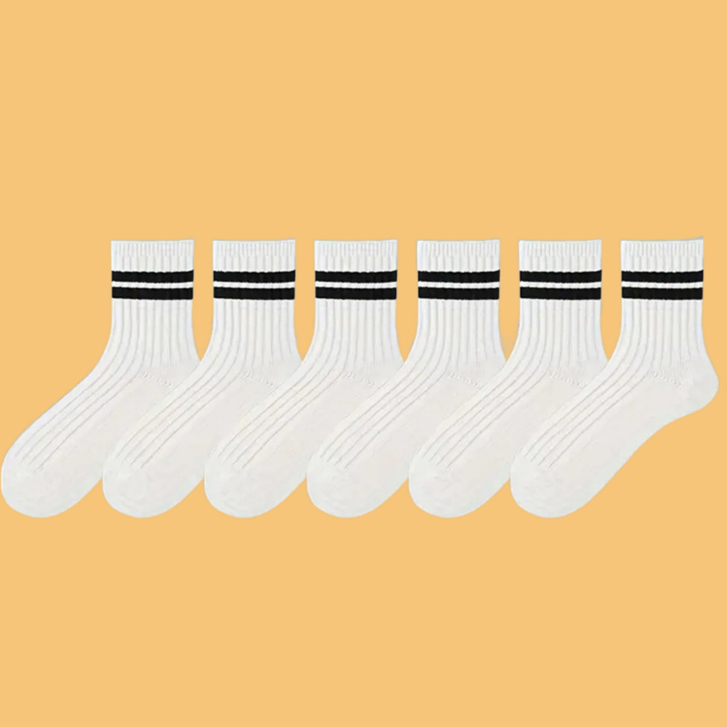 Chaussettes respirantes à col rond pour hommes, chaussettes mi-tube, chaussettes décontractées simples, chaussettes à rayures noires et blanches, haute qualité, printemps et automne, 6 paires