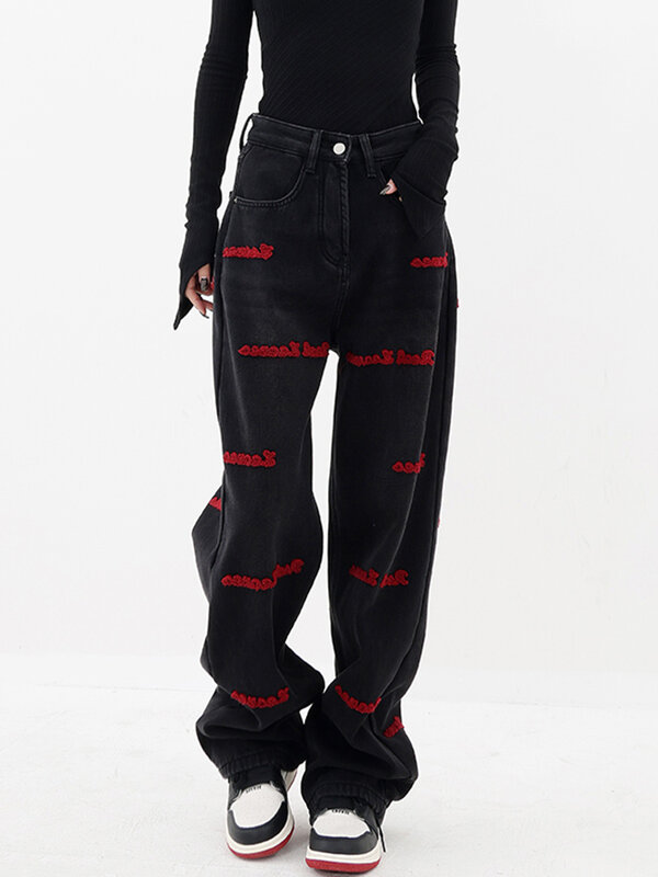 Pantalones vaqueros bordados negros de primavera para mujer, talla grande, figura en forma de pera, cintura alta, pierna recta delgada, fregado, pantalones de pierna ancha Y2K