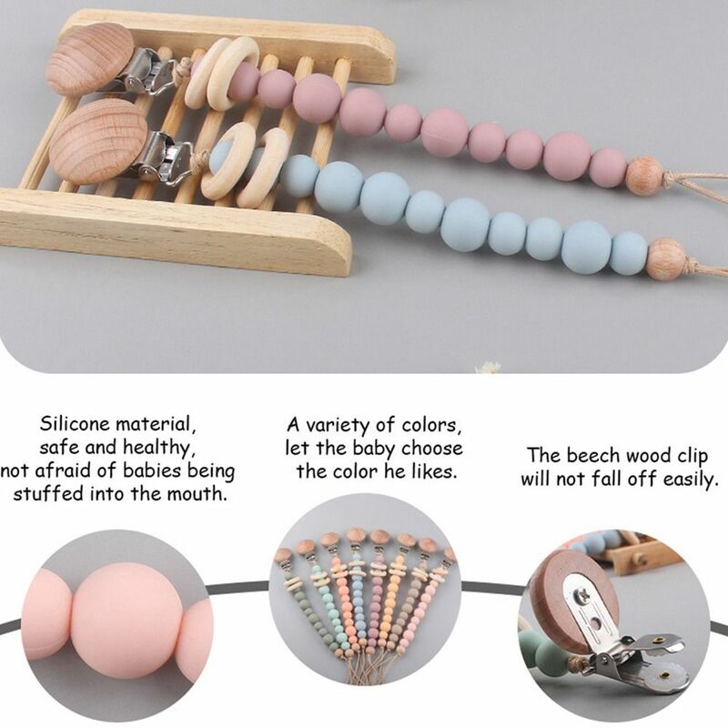 Useful Safety Wooden Food Grade Multi-color Anti-drop Beech Wood Molar Chain Lanyard Baby Pacifier Chain Pacifier Clips Chains
