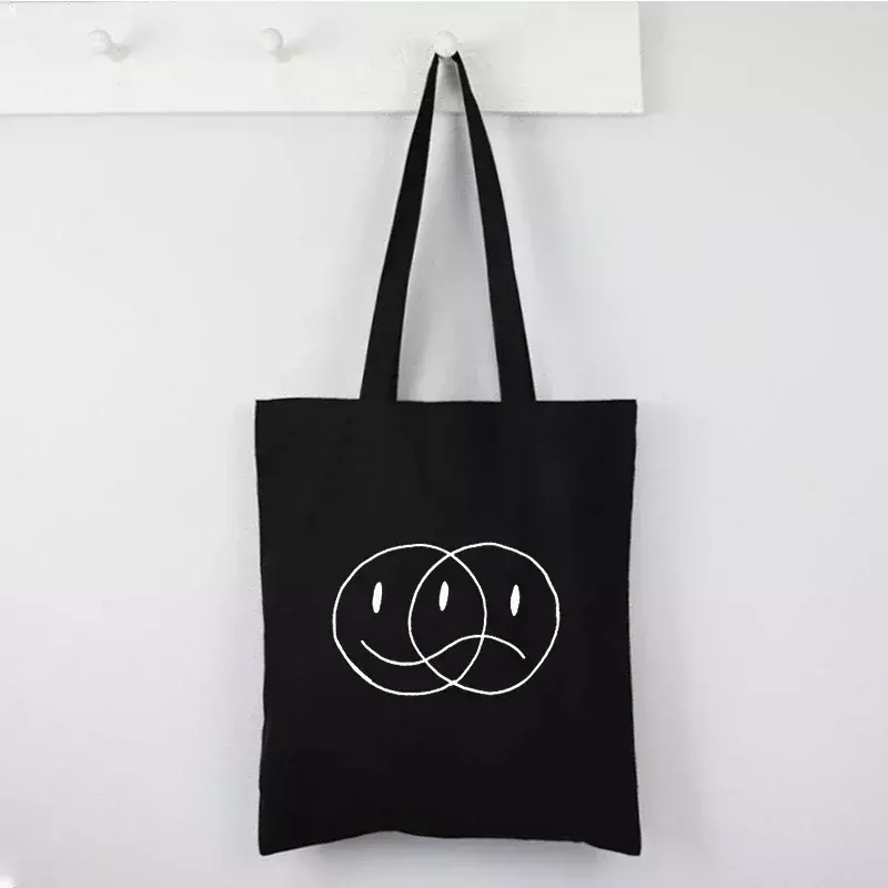 Холщовая Сумка-тоут HLTN04, многоразовая черная сумочка для покупок в стиле Харадзюку, с мультяшным принтом, мешок на плечо