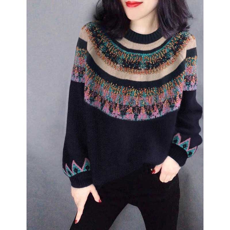 Fashion O-Neck Spliced Casual Color Sweaters Women's Clothing 2023 Winter Loose Knitted Commuter Pullovers All-match Tops