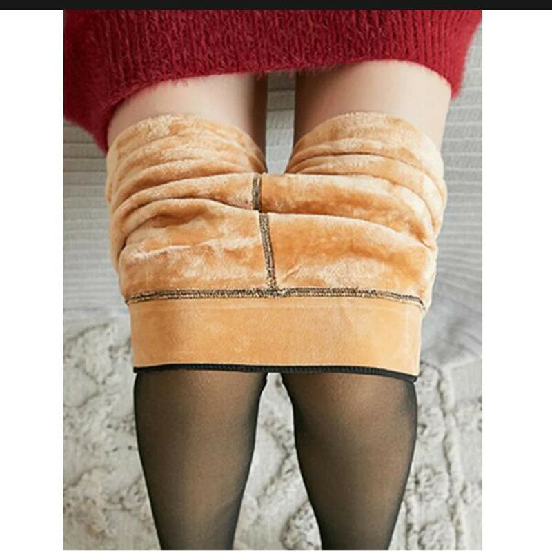 Leggings translúcidos falsos de cintura alta, calças justas de lã, legging para pés, elásticos, apertados, grossos, inverno