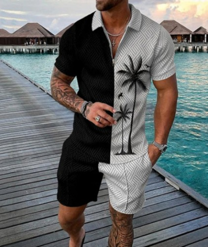 Костюм спортивный мужской из 2 предметов, рубашка-поло с коротким рукавом, кокосовое дерево, 3d-принт, Повседневная Уличная одежда, лето