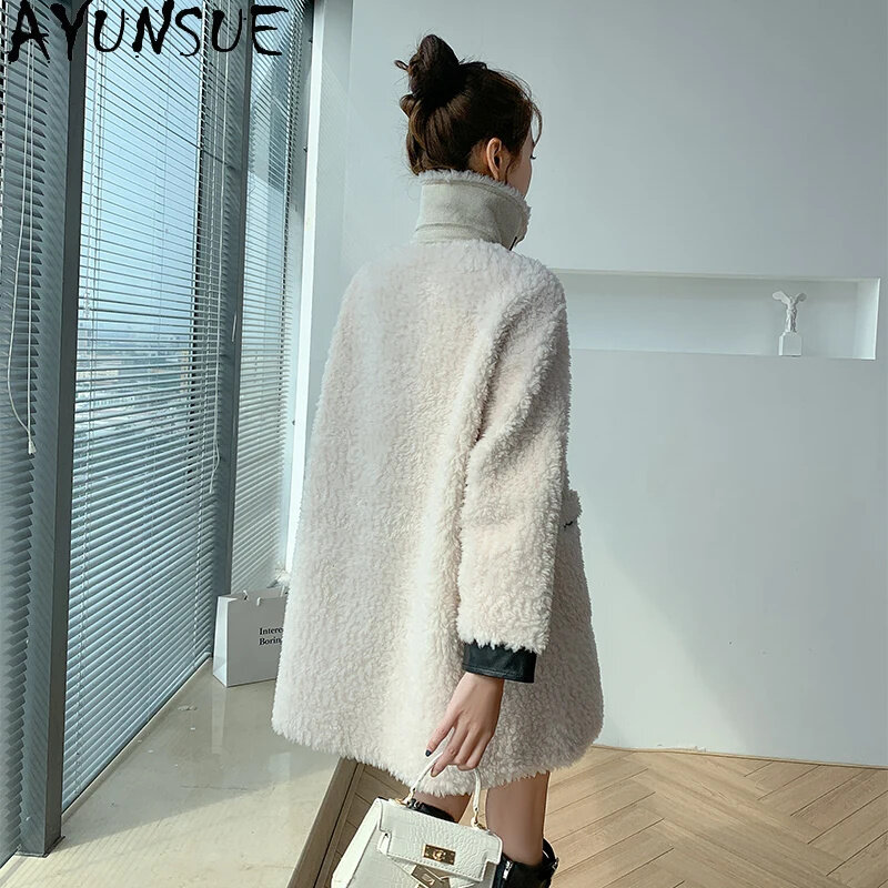 AYUNSUE-Casaco de lã feminino, jaqueta granular tosquia de ovelha, roupas de comprimento médio, gola em pé, inverno e outono, 100%