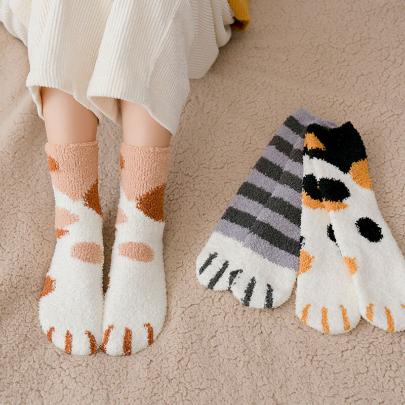 Plush ฤดูหนาวสไตล์น่ารัก Cat Paw รูปแบบการ์ตูนผู้หญิงถุงเท้าผ้าฝ้าย Super Soft สำหรับหญิง Stay In The House Sleeping ชั้น Sox