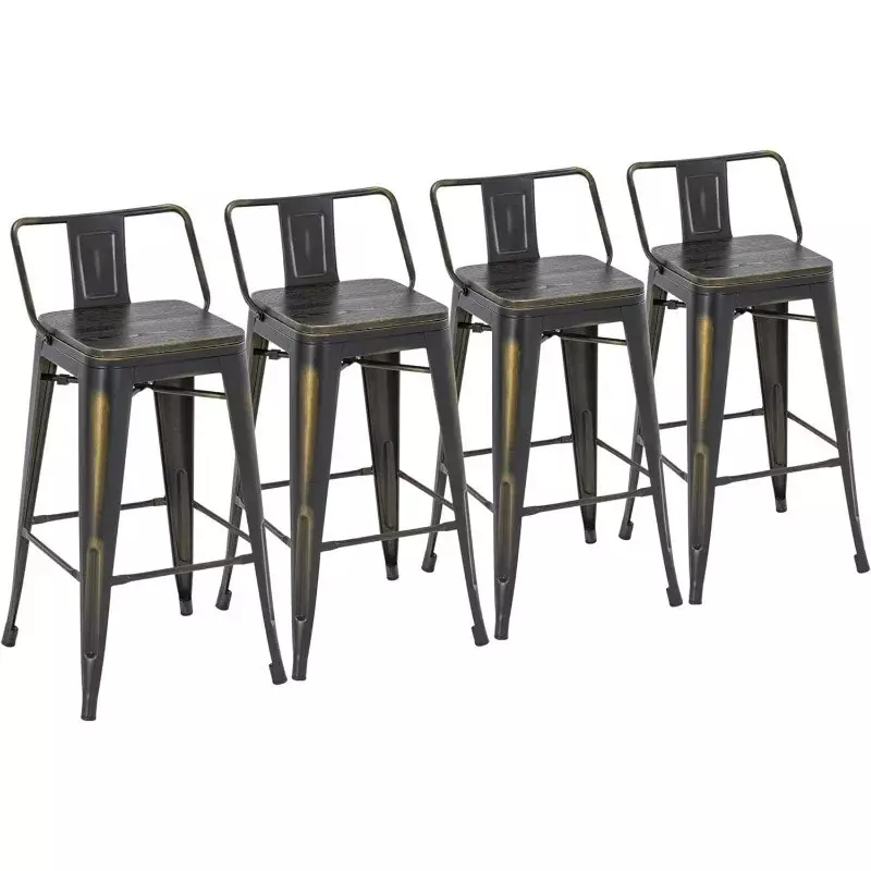 Taburetes de Bar de 26 pulgadas, Juego de 4 taburetes de altura para mostrador de cocina con asiento de madera, sillas de Bar de espalda baja de Metal