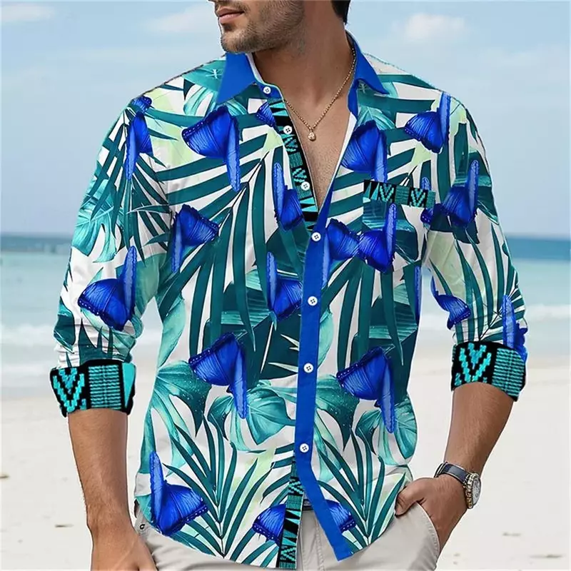 New men's 3D printed leaf collar shirt with fashionable pocket buttons, Hawaiian shirt, outdoor party club, plus size clothing