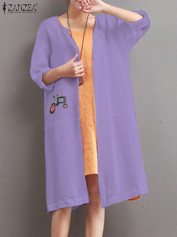 ZANZEA-Cardigan de vacances pour femmes, Robe décontractée, dos de plage, chemises imprimées de dessin animé, mode coréenne, boutons