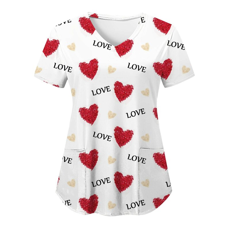 Women's V Neck Casual Nursing Clothing Valentine's Day Love Pattern Printing Overalls Short Sleeved Loose Ladies T Shirt