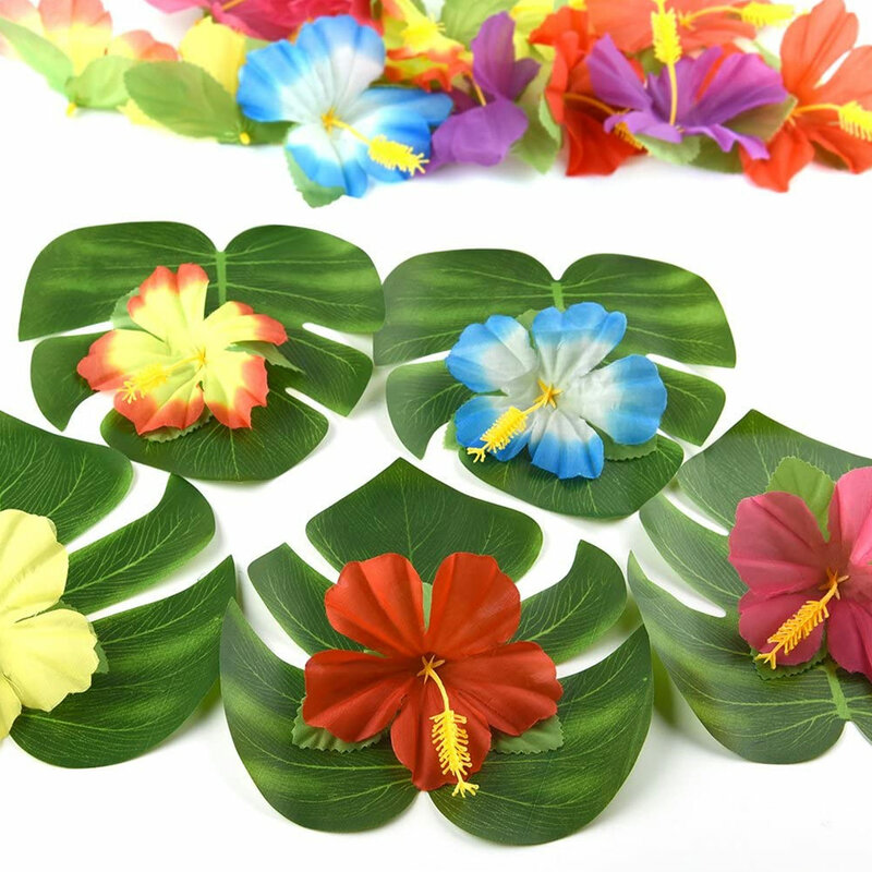 실크 히비스커스 꽃과 열대 하와이 파티 장식 키트 99 개, 야자수 잎 파인애플 미니 우산 컵케익 토퍼