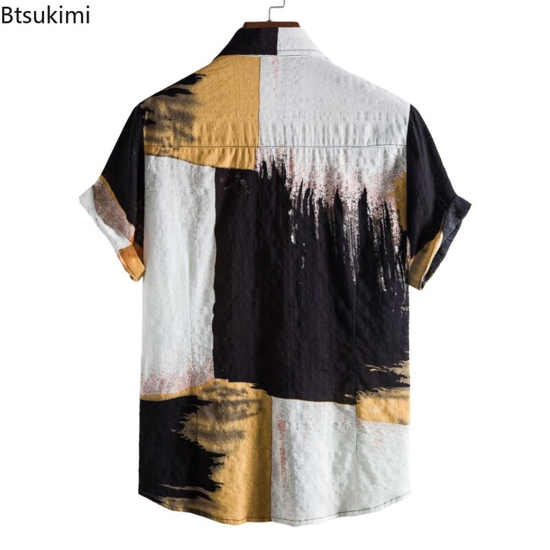 2024 Men's Linen Shirt New Hawaiian Casual Cardigan Colorblock Tops Fashion Print Short Sleeve Beach Blouse Summer Male Camicias