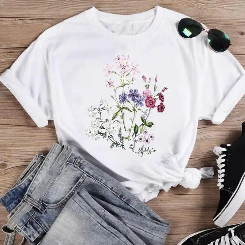 Print Fashion T Shirt Watercolor Spring Flower 2024 Women Cartoon T Shirts Short Sleeve Graphic Top Summer Shirt Female Tee