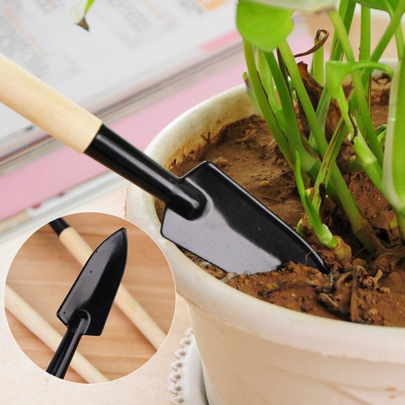 3Pcs Wooden Handle Iron Garden Shovel Rake Spade for Flowers Potted Plant Bonsai Mini Gardening Tools Set Digging Weeding