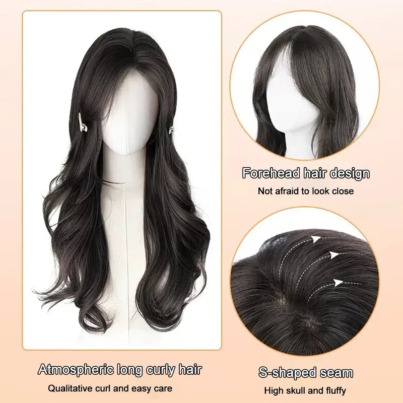 Синтетические коричневые черные длинные волнистые парики с пушистой челкой для женщин, натуральные волнистые волосы для косплея, вечерние ежедневный парик, Термостойкое волокно