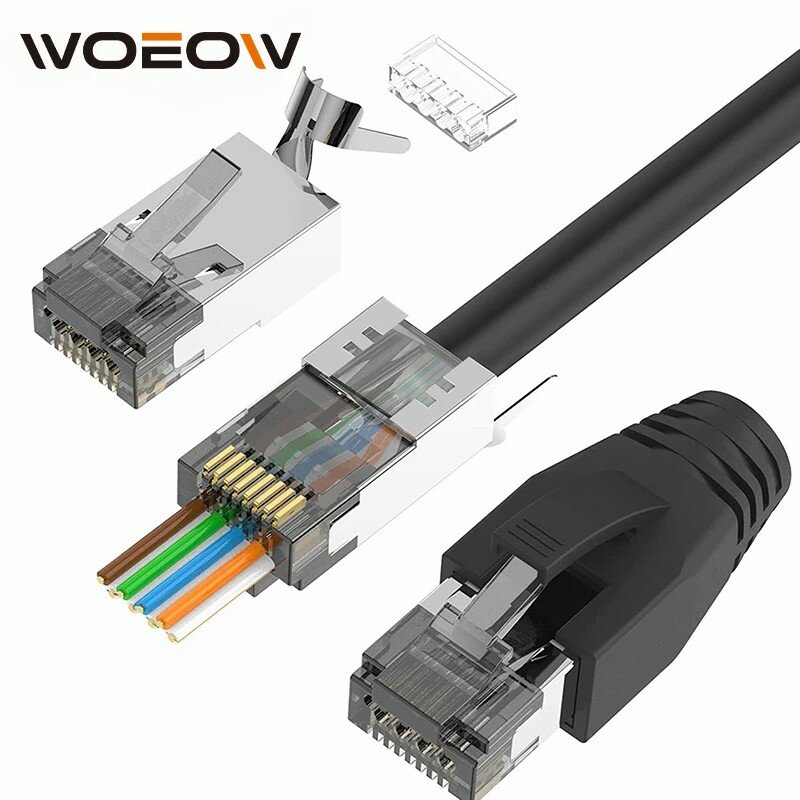 WoeoW 6PCS CAT6A CAT7 Connector, RJ45 Connectors Pass Through CAT6A CAT7 Shielded, 3-Prong with Strain Relief Boots Black