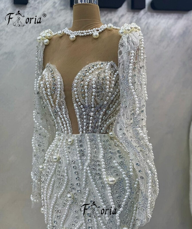 Elegante abito da sera a sirena con perline di perle complete Dubai bianco maniche lunghe lunghezza del pavimento abiti da sposa abito da ballo Robe De Soiree