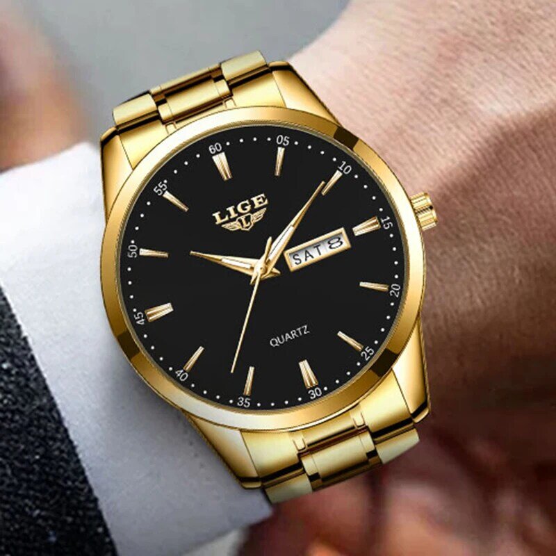 최고 브랜드 남성용 쿼츠 시계, LIGE 비즈니스 야광 방수 시계, 풀 스틸 스트랩 손목 시계, Relogio Masculino