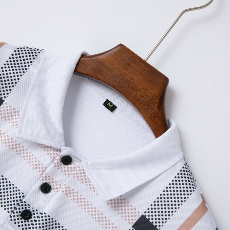 Penjualan Terbaik kaus Polo pria motif garis kerah lipat atasan berkancing lengan pendek kasual musim panas pakaian pria kemeja Polo