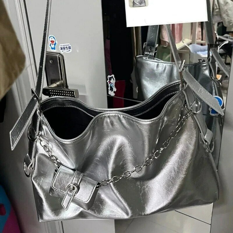 Sweet Cool Motorcycle Underarm Bag Women's Summer New Fashion Large Capacity Silver Tote Bag Fashion Student One Shoulder Bag