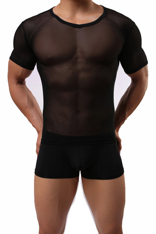 Men's Sexy Mesh Transparent Short Sleeved T-shirt Male Breathable Sports E670