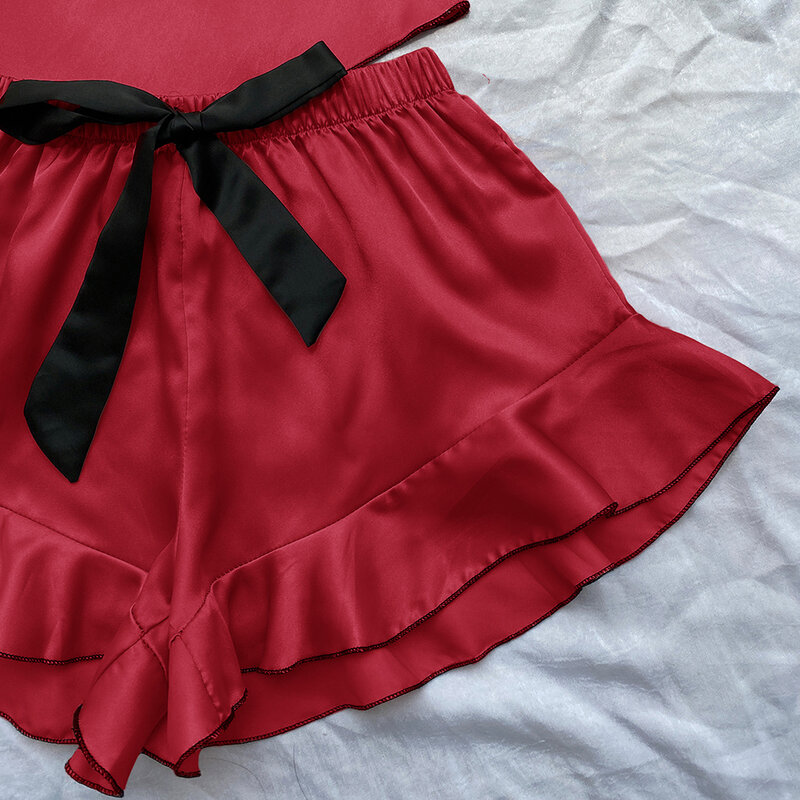 Wygodne zestawy pidżama z satynowego jedwabiu dla kobiet 2 szt. Falbany z dekoltem w szpic regulowane ramiączka bielizna nocna spodenki Pjs