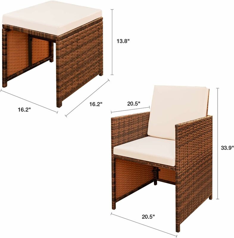 Set perlengkapan makan teras, 4/9/11 buah kursi rotan hemat ruang luar ruangan dengan meja kaca, set furnitur teras, tempat duduk berbantalan