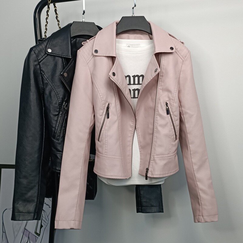 Весенне-осенняя модная розовая кожаная мотоциклетная куртка женская короткая куртка из искусственной кожи корейский отложной воротник женские топы высокого качества