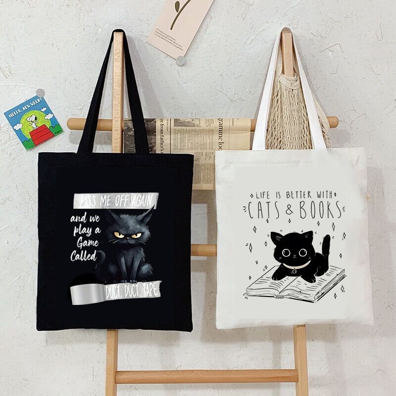 고양이 및 책 캔버스 토트백, 여성 귀여운 고양이 쇼핑백, 학생 문학책 숄더백, 만화 핸드백, 생활이 나아짐