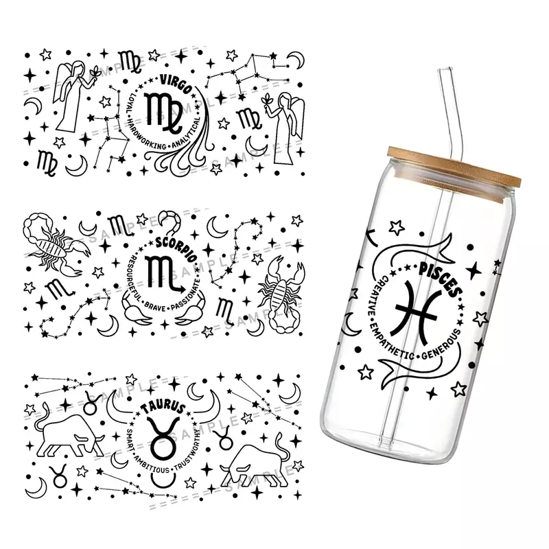 2024 New 12 Horoscopes 3D Waterproof UV DTF Cup Wrap for 16Oz Libbey Glass Can DIY Transfer Sticker