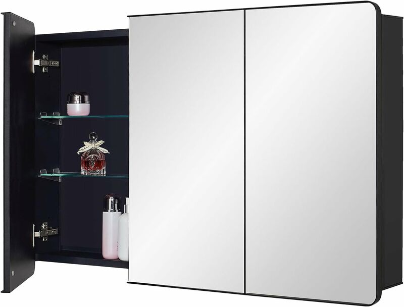 IDYLLOR Black Bathroom Medicine Cabinet with Round Corner Framed Door, 40 x 25.5 inch, Recessed or Surface Mount, with Adjustab