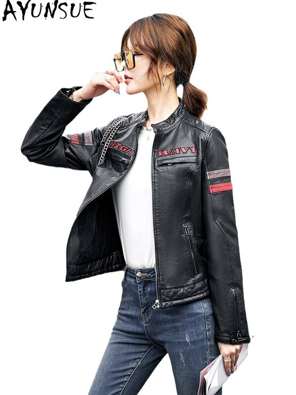 AYUNSUE 여성용 하이 스트리트 정품 가죽 재킷, 2023 가을 겨울 리얼 양가죽 코트, 사이클링 짧은 재킷, 트렌디 의류