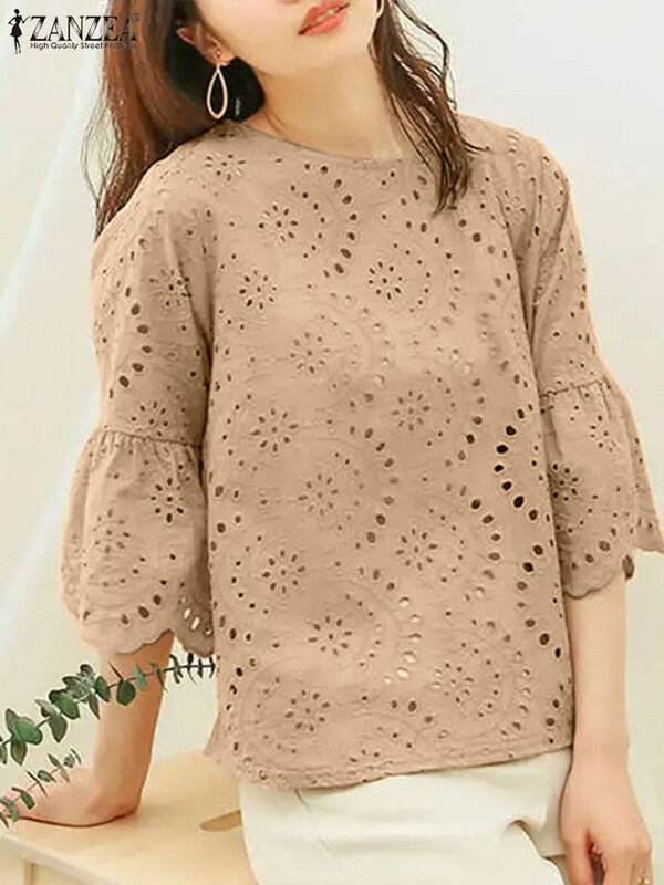 ZANZEA 2024 Summer Everyday Blouse Loose Hollow Out Elegant Lace Patchwork Tops Solid Color 3/4 Ruffle Sleeve Casual Women Blusa
