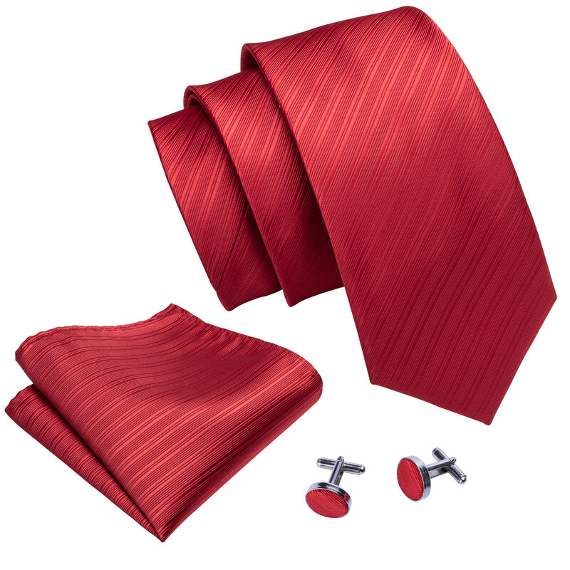 Barry.Wang Red Silk Mens Tie Hanky Cufflinks Set Burgundy Maroon Scarlet Carmine Rose Jacquard Necktie For Male Wedding Party