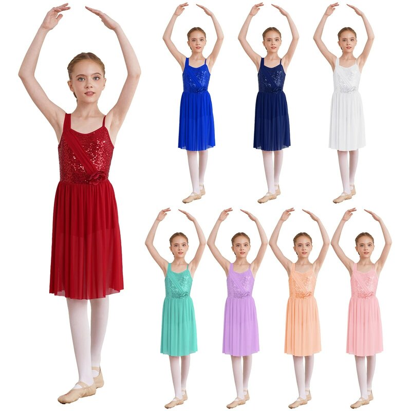 Kids Girls Lyrical Dance Dress Sequins Ballet Gymnastics Leotard Sleeveless Decorative Flower Leotard Dresses Stage Dancewear