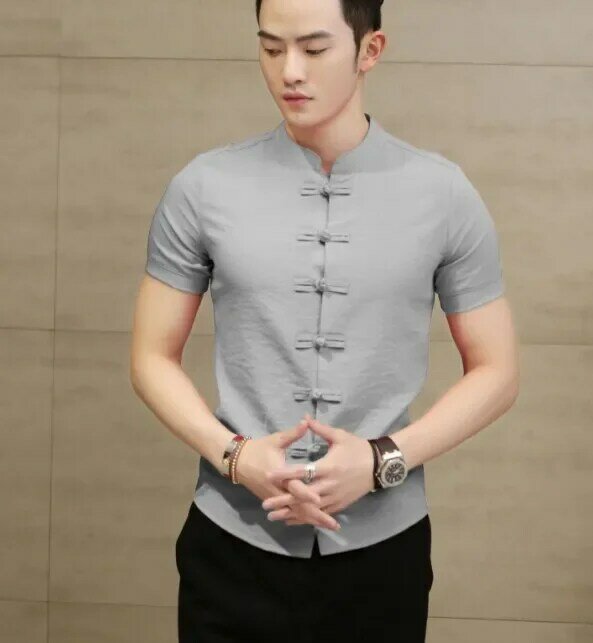New Chinese Style Solid Color Short-sleeved Shirt with Buckle Korean Style Fashion Casual T-shirt
