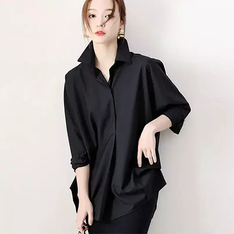 Luxury-B 63USD-White Black Women Shirt Korean Long Sleeve Lapel Neck Button Up Blouse Spring Oversize Loose