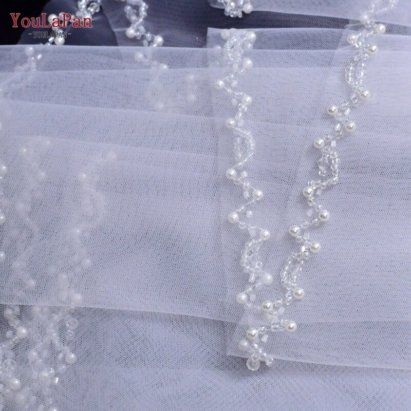 Youlapan-velo de novia con borde de cristal y cuentas, 2 capas, cubierta frontal y trasera, lentejuelas reales de lujo, V121