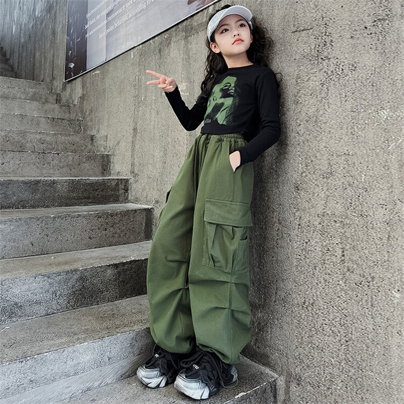 Calça cargo feminina, estilo coreano, média, infantil, 5-15 anos de idade, nova, 2024