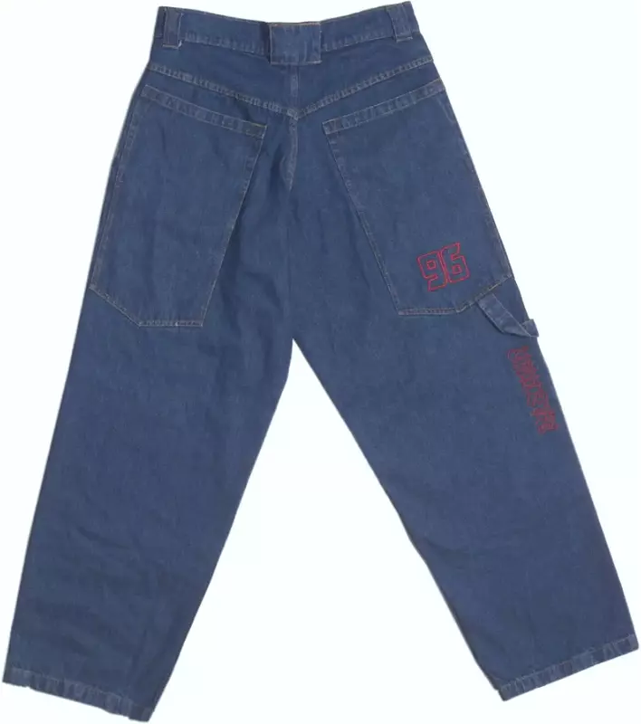 2024 baru celana Jeans longgar motif huruf kasual modis Jeans saku besar biru celana longgar kaki lebar wanita Harajuku Retro pinggang tinggi