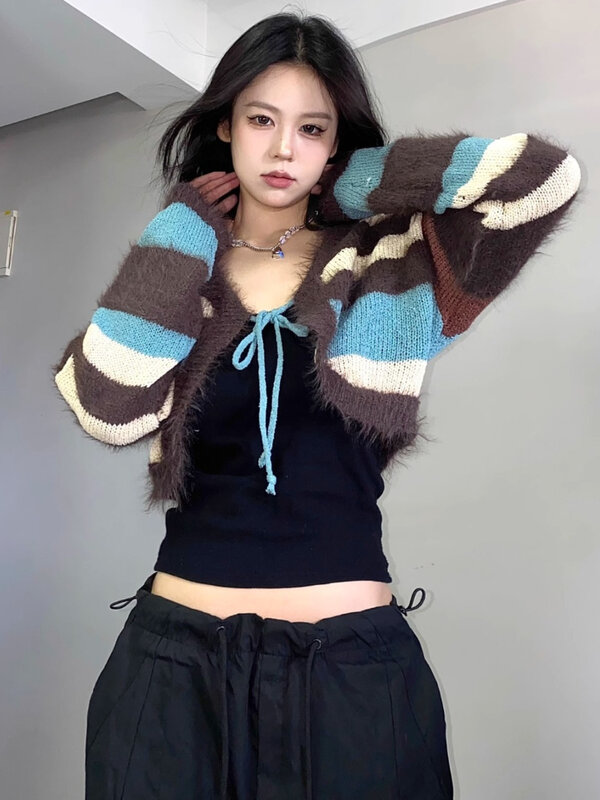 Deeptown Y2k Vintage gestreifte kurze Strickjacke Frauen Harajuku Kpop Kontrast Strick pullover koreanische übergroße Tops 90er Jahre Streetwear