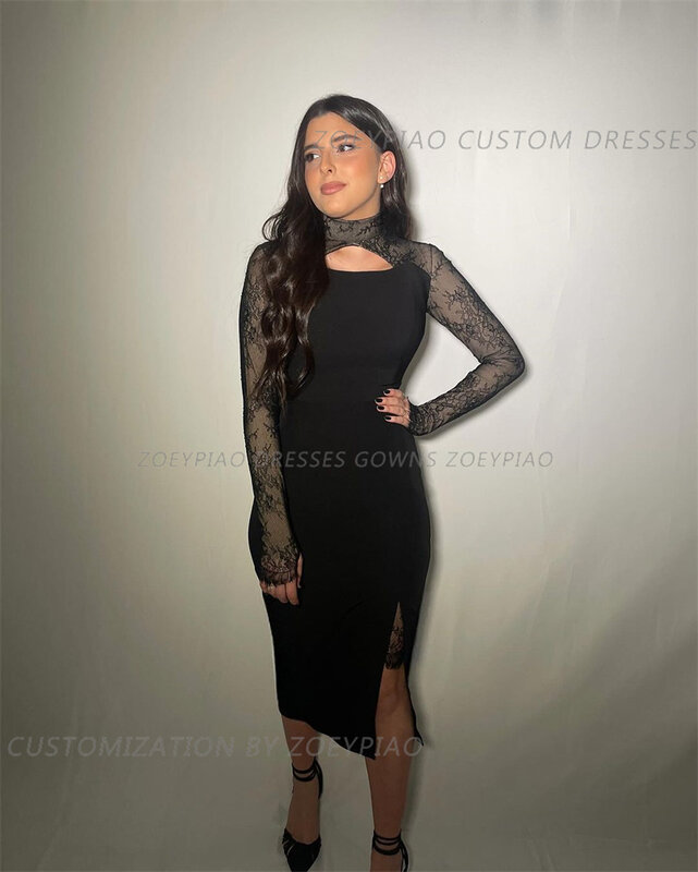 Modern Lace High Slit Prom Dress Women Black Long Sleeves Dress Party Evening Elegant Luxury Celebrity Dress Party Night