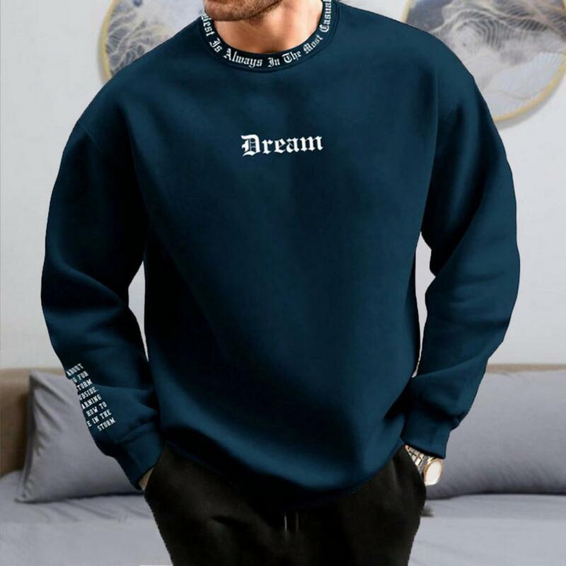 Sweatshirt motif huruf untuk pria, Sweatshirt atasan nyaman musim dingin untuk pria, Pullover lengan panjang leher bulat lembut hangat kasual panjang sedang