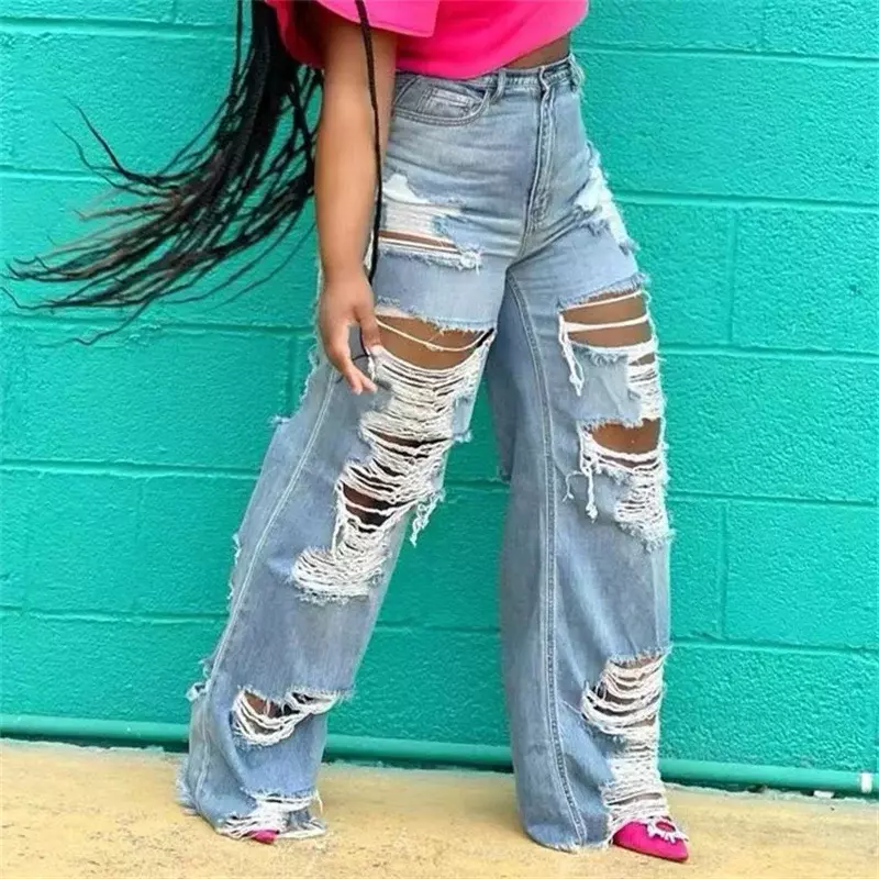 Jeans retos com buracos grandes para mulheres, calças jeans de cintura alta, calças soltas femininas, streetwear casual e sexy, na moda e na moda, 24