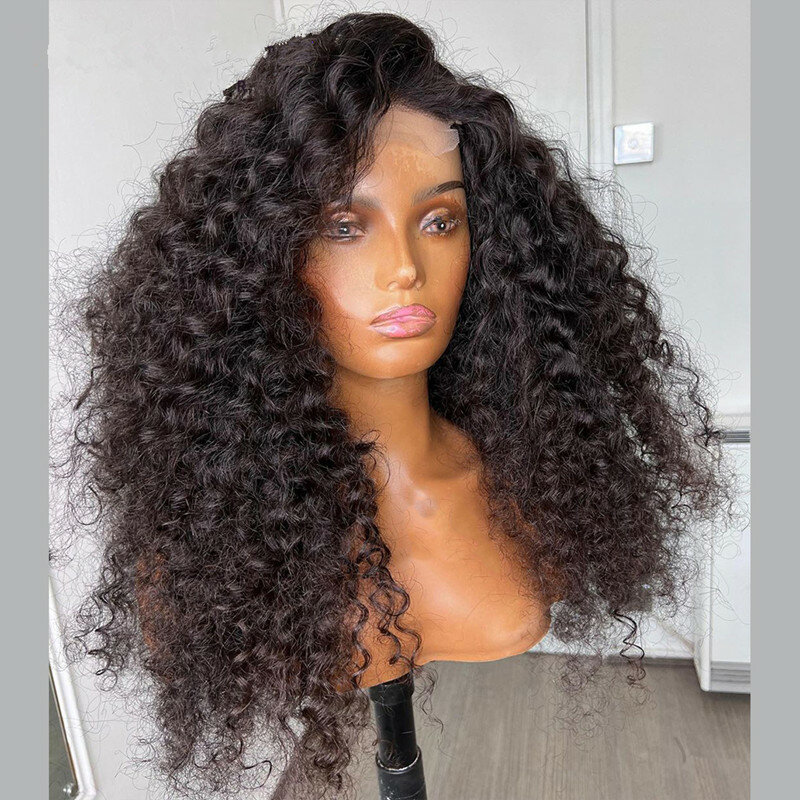 Glueless Long Natural Black Soft 180Density 26“ Kinky Curly Lace Front Wig For Women BabyHair Preplucked Heat Resistant