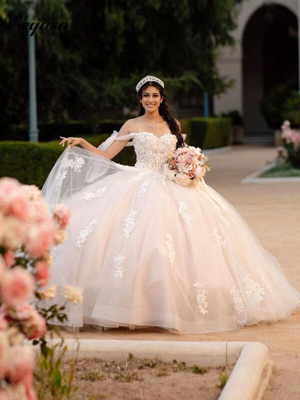 Luxus Prinzessin Quinceanera Kleider Für 15 Party Mode Applique Spitze Glänzenden Mexikanischen Formale Geburtstag Süße 16 Kleider