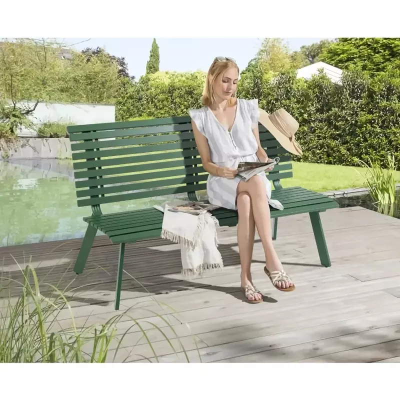 Outdoor Aluminum Garden Bench, Patio Porch Chair Furniture, Slatted Design w/Backrest, Green Patio Benches