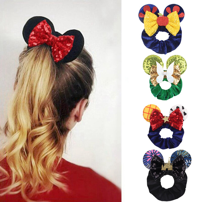 Disney uszy gumki do włosów aksamitne opaski do włosów dla dziewczynek cekiny kokardy z pałąkiem na głowę kobiety Trip DIY akcesoria Minnie Mouse Party Decor