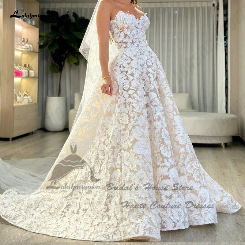 Роскошное кружевное платье Lakshmigown с открытыми плечами, модель Mariee 2024 года, блестящие свадебные платья цвета шампанского для церкви, для любимой