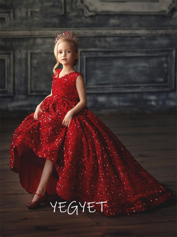 반짝이 빨간 공주 드레스 긴 꽃 소녀 드레스, 스팽글 소녀 파티 드레스, 귀여운 아기 소녀 드레스, 생일 드레스, 크리스마스 선물